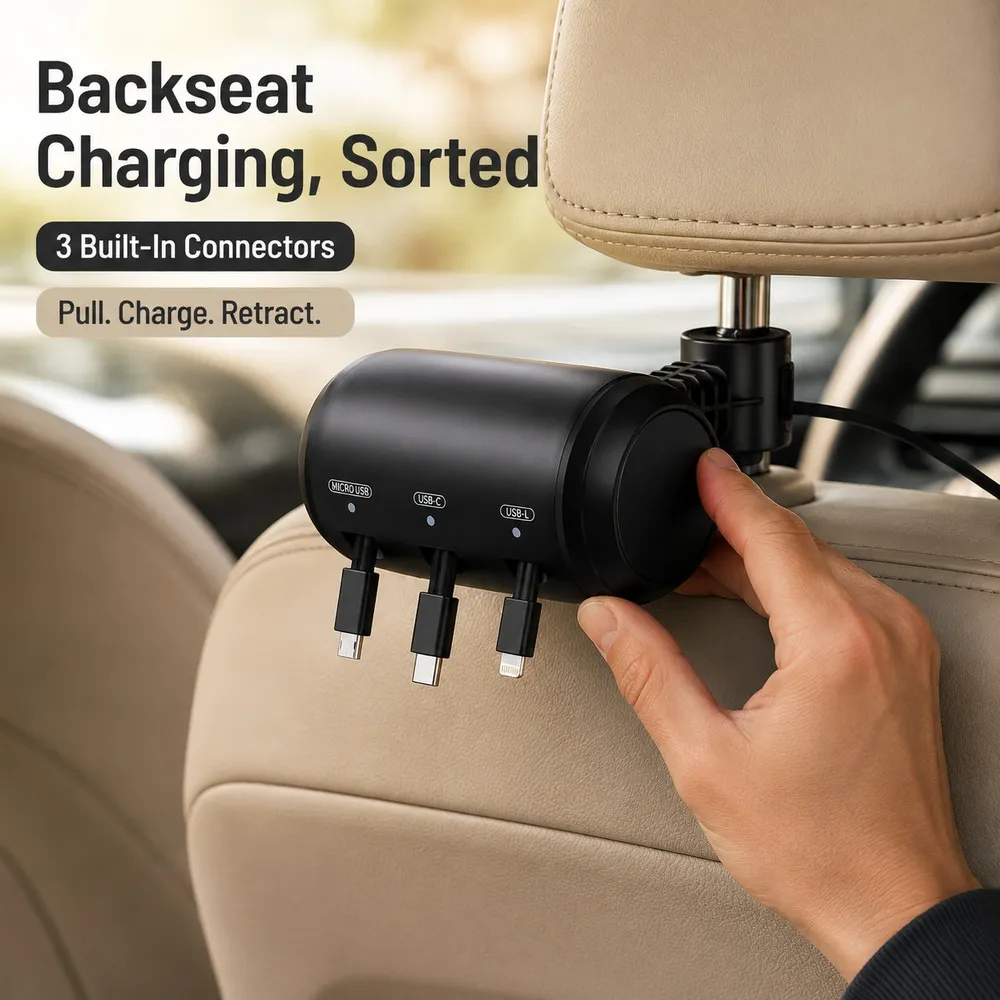 Tangle-Free 3-in-1 Retractable Backseat Charger