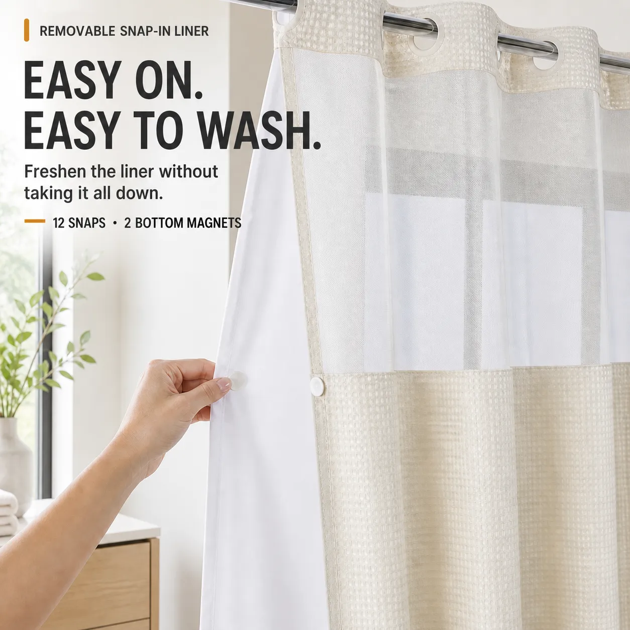 SpaView Hookless Waffle Shower Curtain with Snap-In Liner