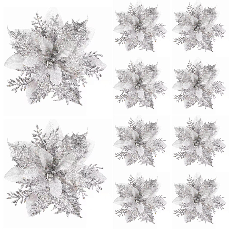 10-Piece Red Glitter Poinsettia Clip Set for Christmas Decorating