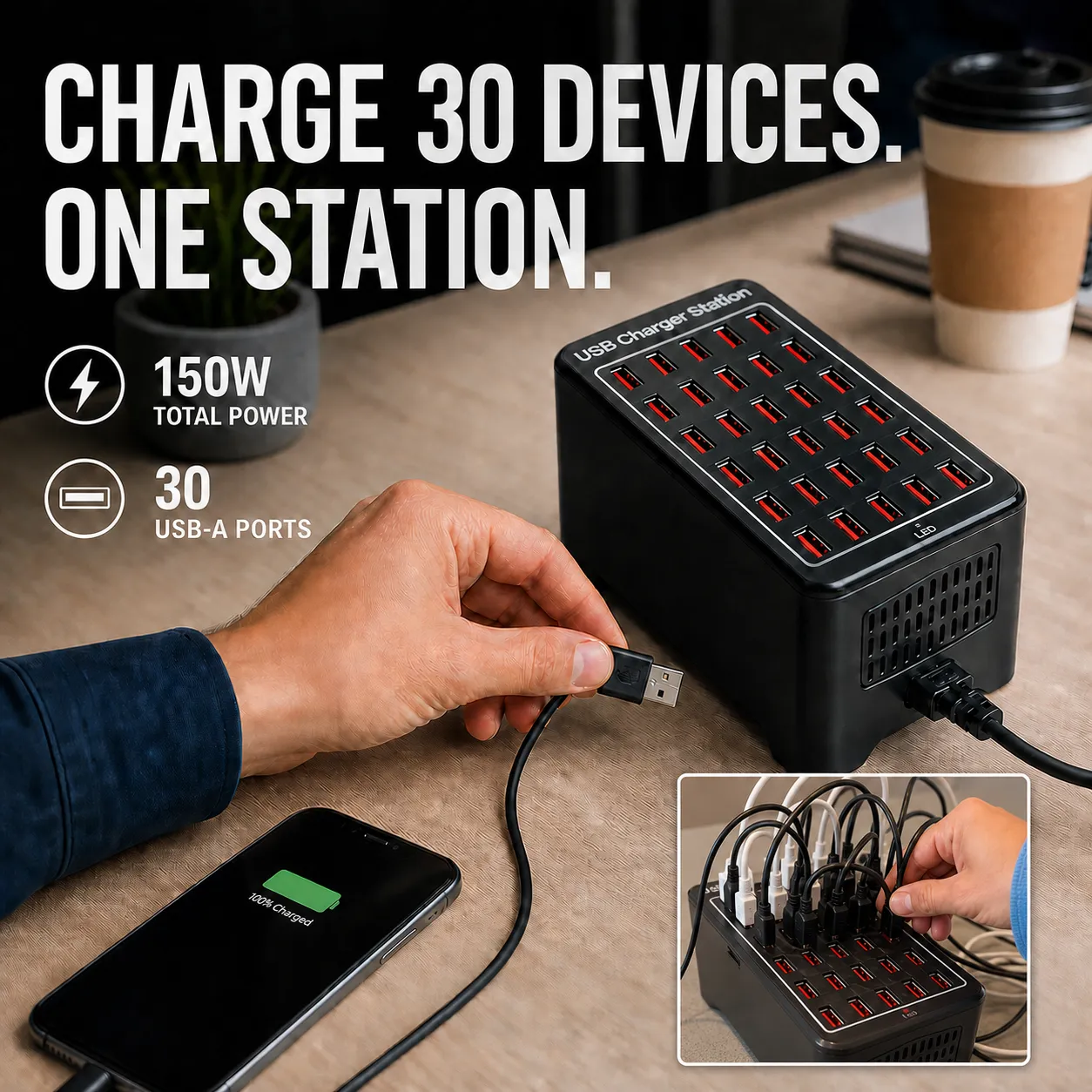 150W 30-Port Smart USB Charging Station