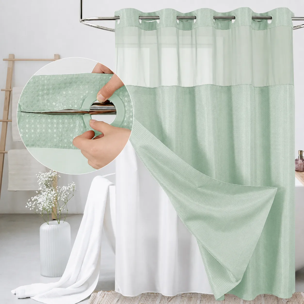 SpaView Hookless Waffle Shower Curtain with Snap-In Liner