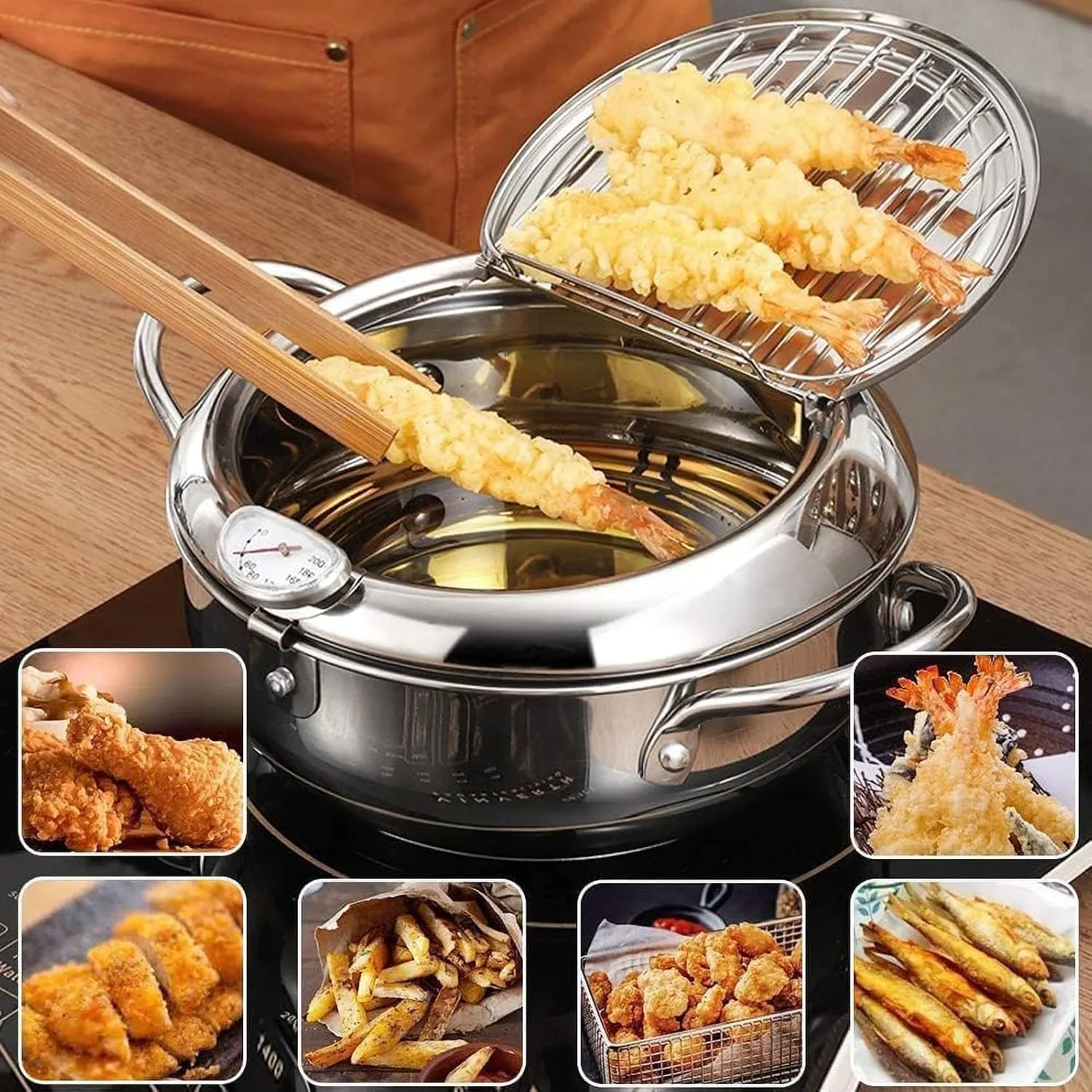 Japanese-Style Stainless Steel Deep Fryer Pot with Thermometer & Drain Rack