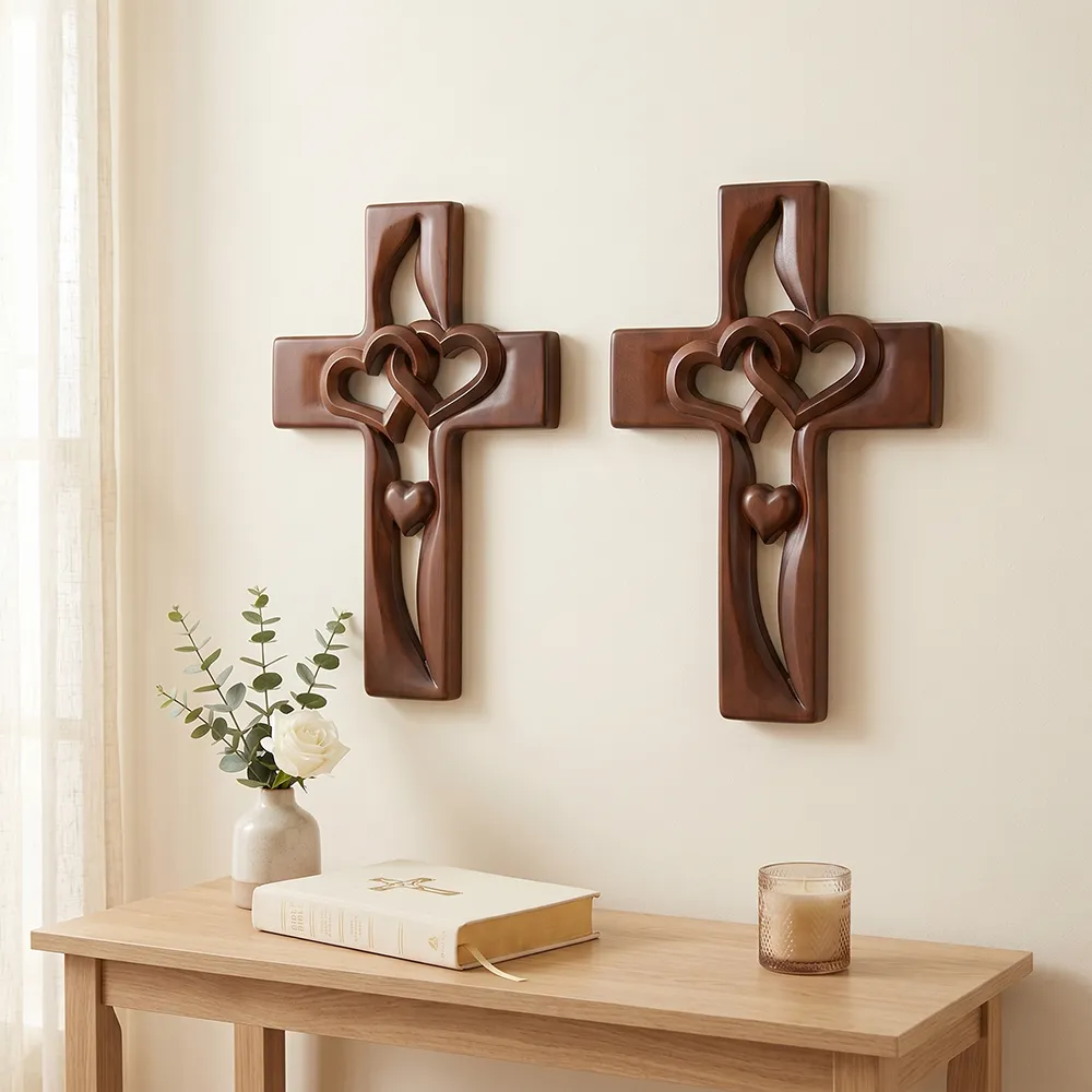 ✝️ Handmade Wooden Double-Heart Cross Wall Decor