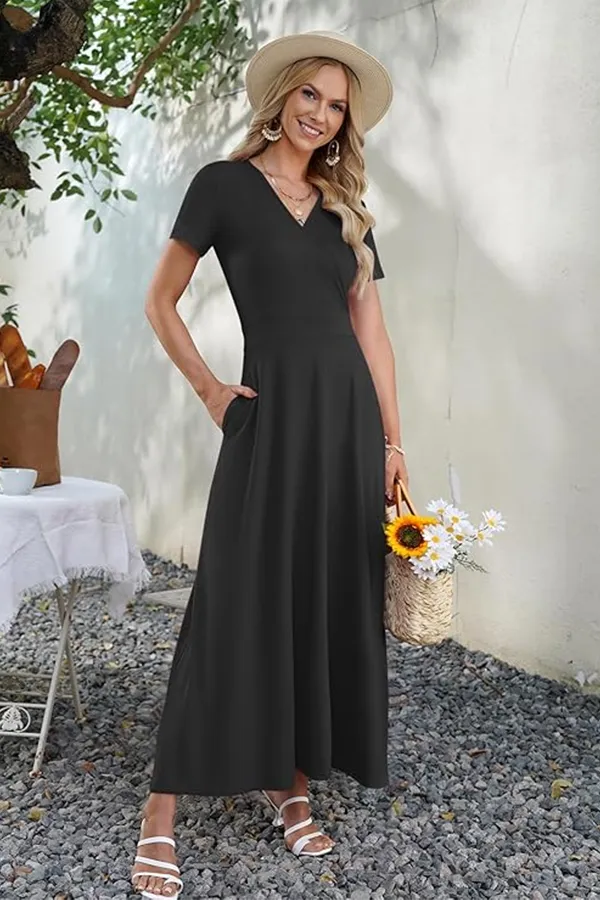 V-Neck Maxi Dress — Elegant, Waist-Defining, Comfortable, and Casual Summer Long Dress