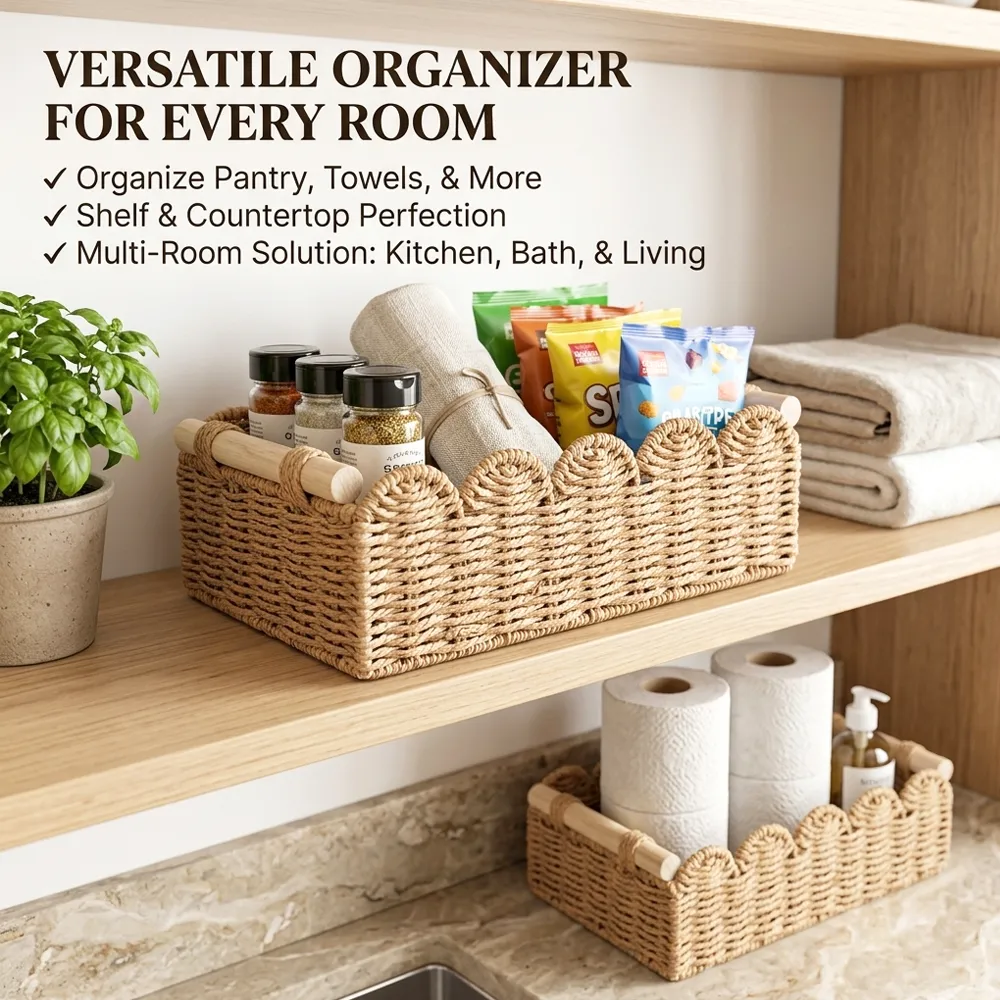 🌿Scalloped Wicker Storage Basket Set – Decorative Toilet Paper & Shelf Organizer