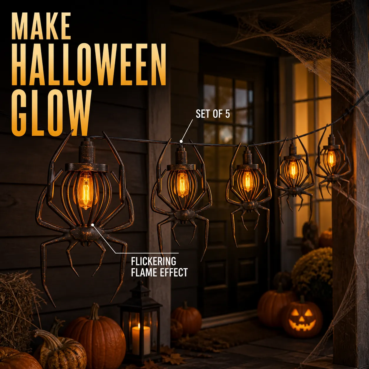Haunting Glow Spider or Bat Halloween String Lights – Set of 5