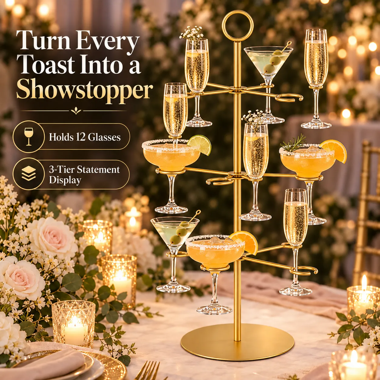 Celebration-Ready 3-Tier Cocktail Glass Tree