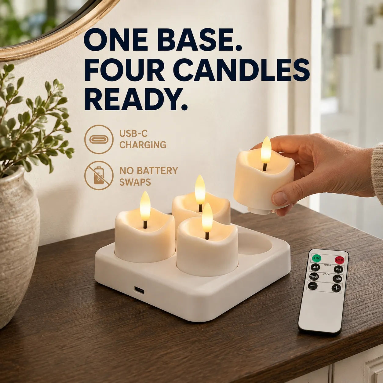 Rechargeable Flameless Candle Set with Charging Base & Remote