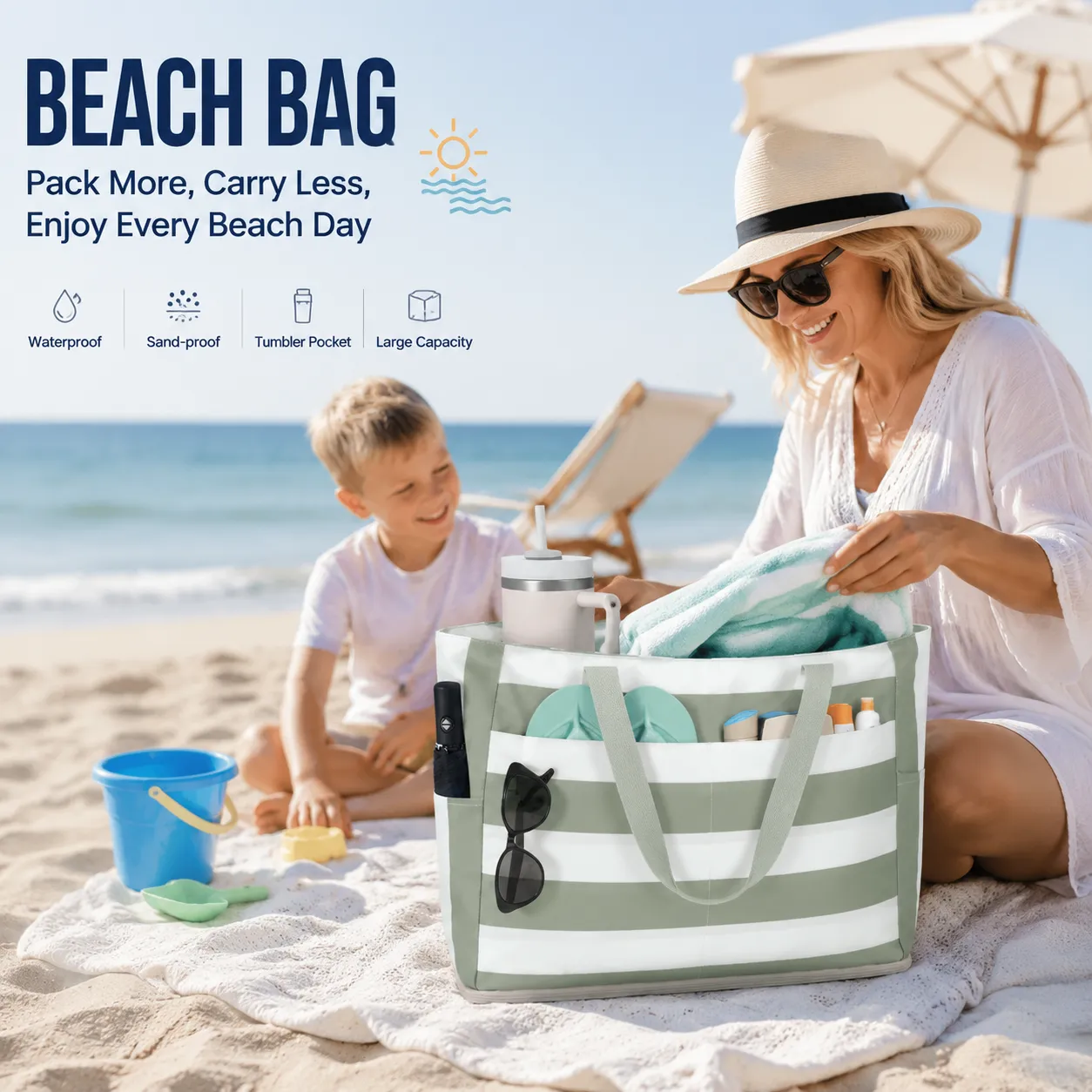 🏖️Beach Bag—Large, waterproof, sand-proof zippered tote with a water bottle pocket