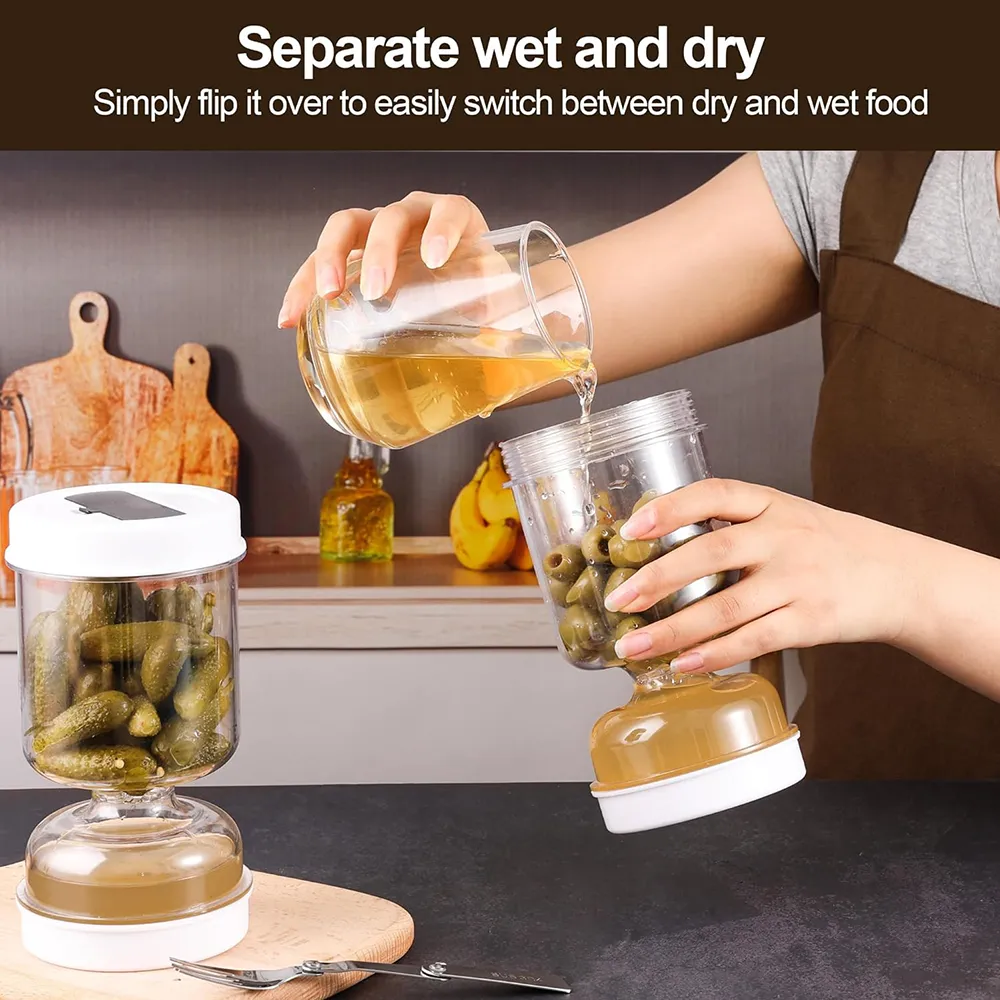 🥗Hourglass Pickle Jar with Built-In Fork – Juice Separation Storage Container