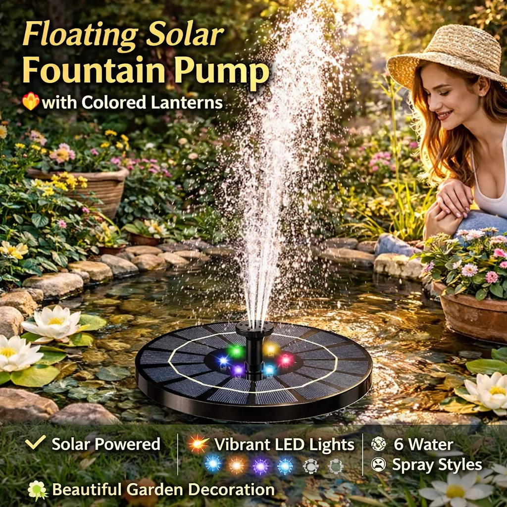 Floating Solar Fountain: Add elegant movement and colorful night lights to your patio using only the sun. 🌟