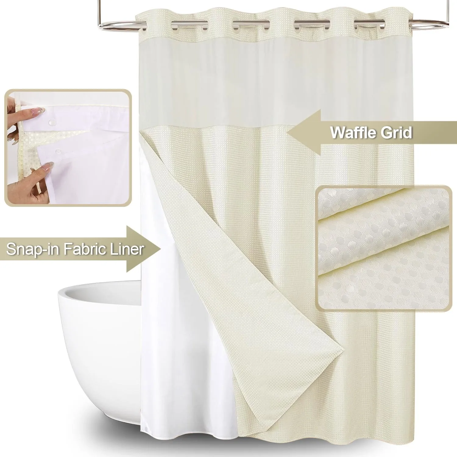 SpaView Hookless Waffle Shower Curtain with Snap-In Liner