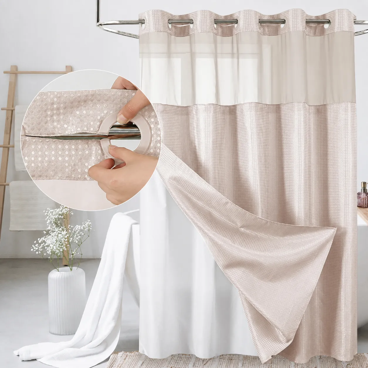 SpaView Hookless Waffle Shower Curtain with Snap-In Liner