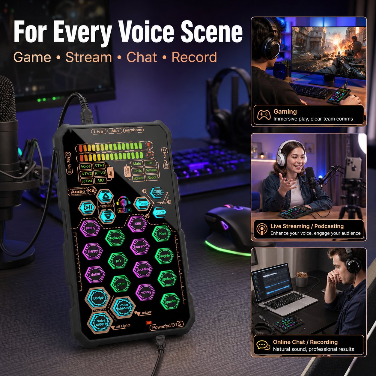 Professional Voice Changer – Portable Live Sound Card for Gaming, Streaming & Recording