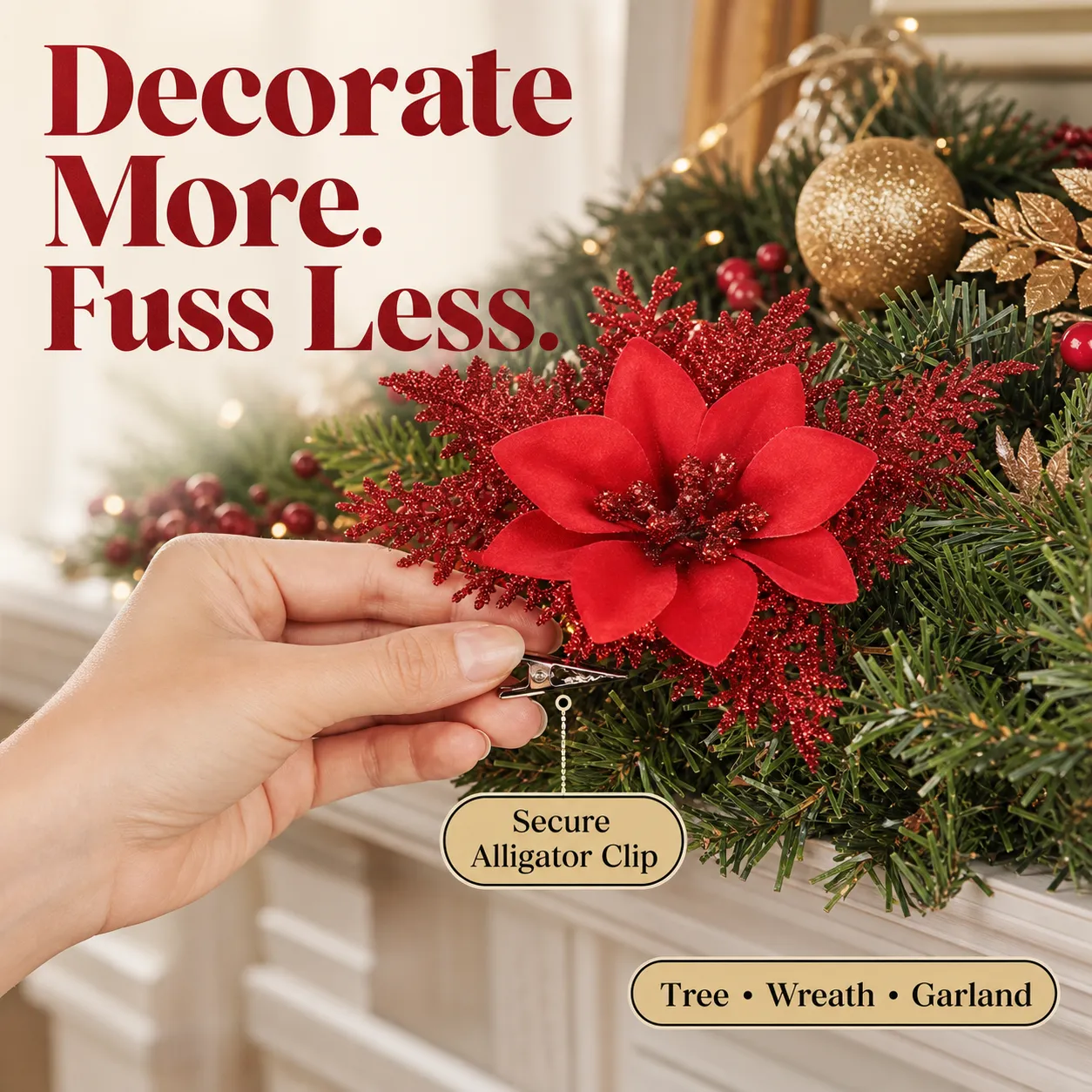 10-Piece Red Glitter Poinsettia Clip Set for Christmas Decorating