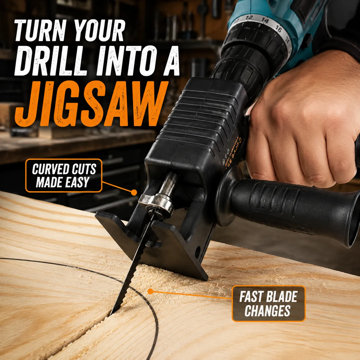 Drill-Powered Jigsaw Adapter Kit with Side Handle & 3 Blades
