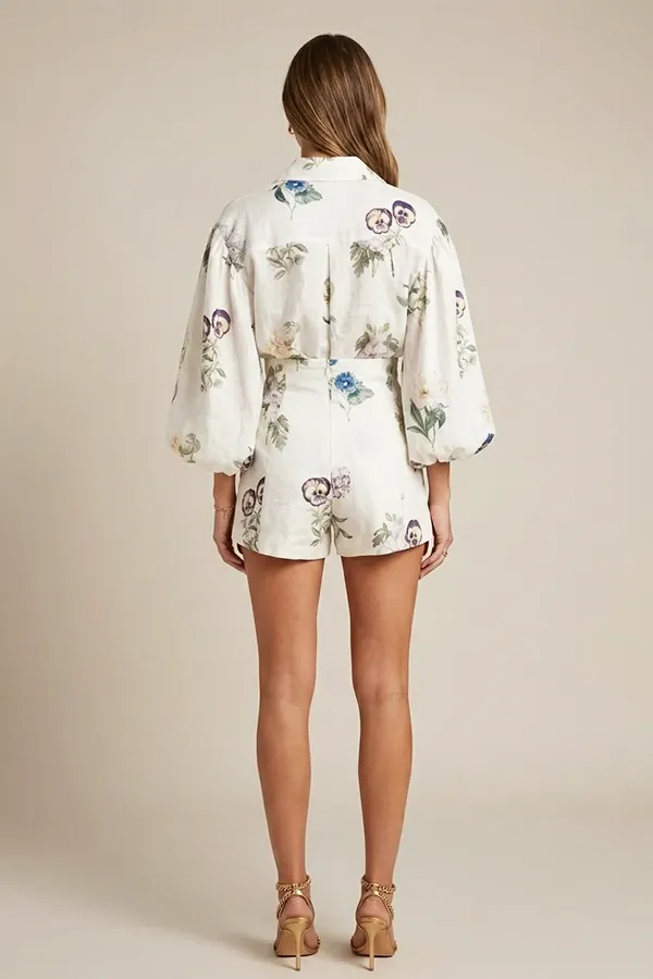 Women’s Embroidered Linen Two-Piece Set – Puff Sleeve Shirt & Shorts Outfit