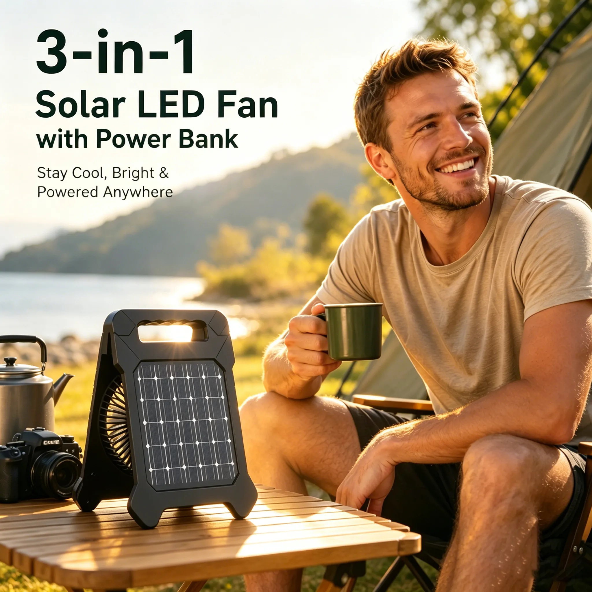 🌬️3-in-1 Solar LED Fan with Power Bank