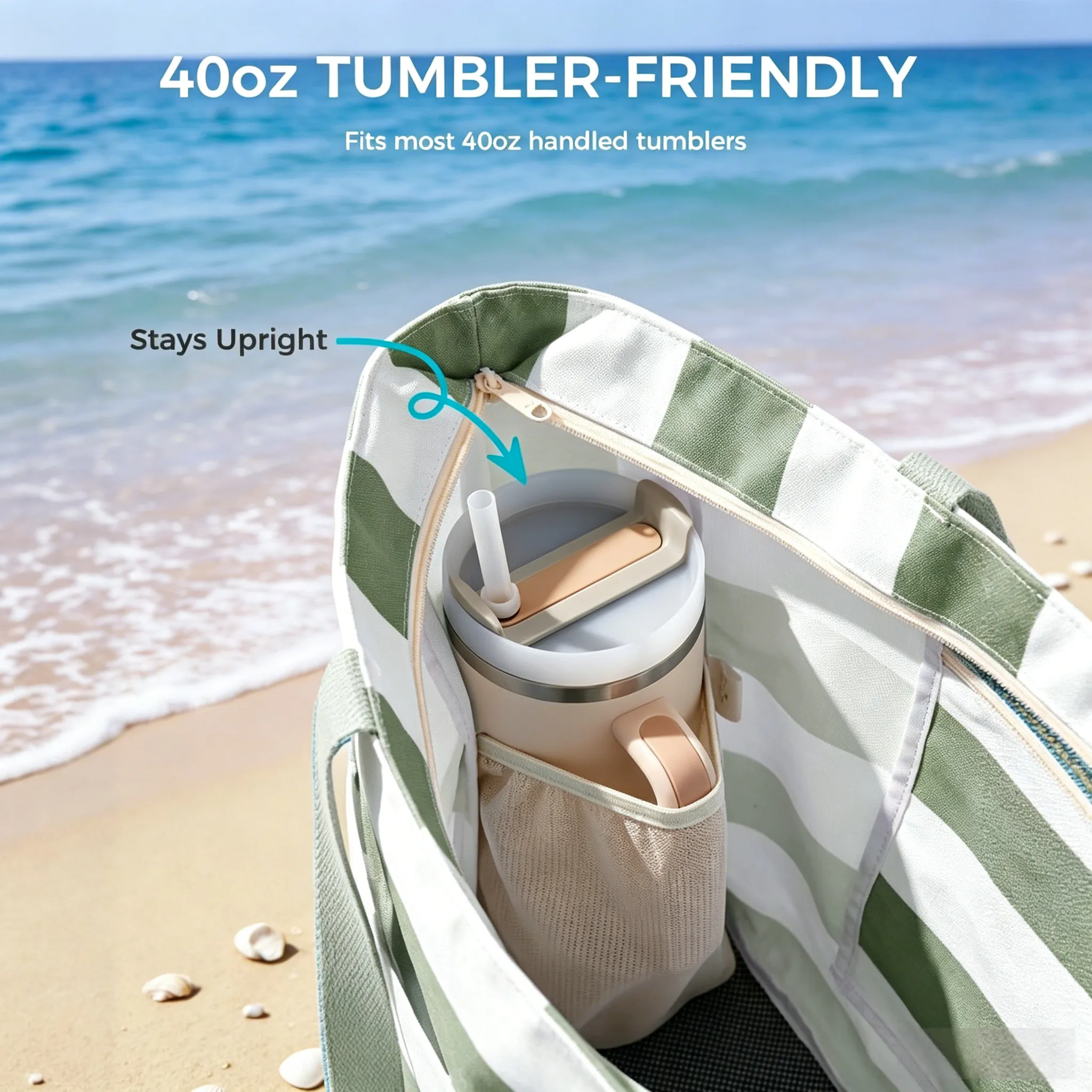 🏖️Beach Bag—Large, waterproof, sand-proof zippered tote with a water bottle pocket