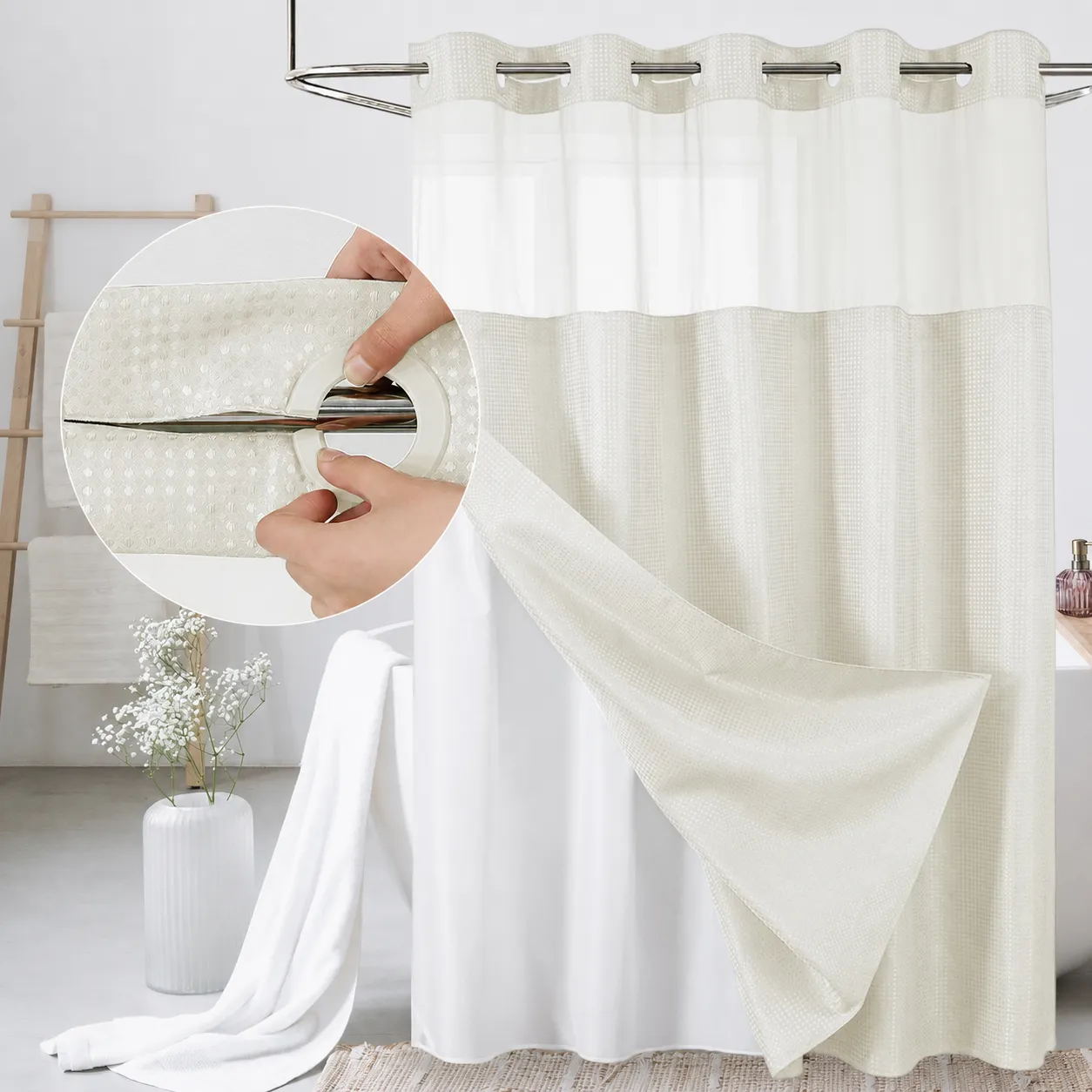 SpaView Hookless Waffle Shower Curtain with Snap-In Liner