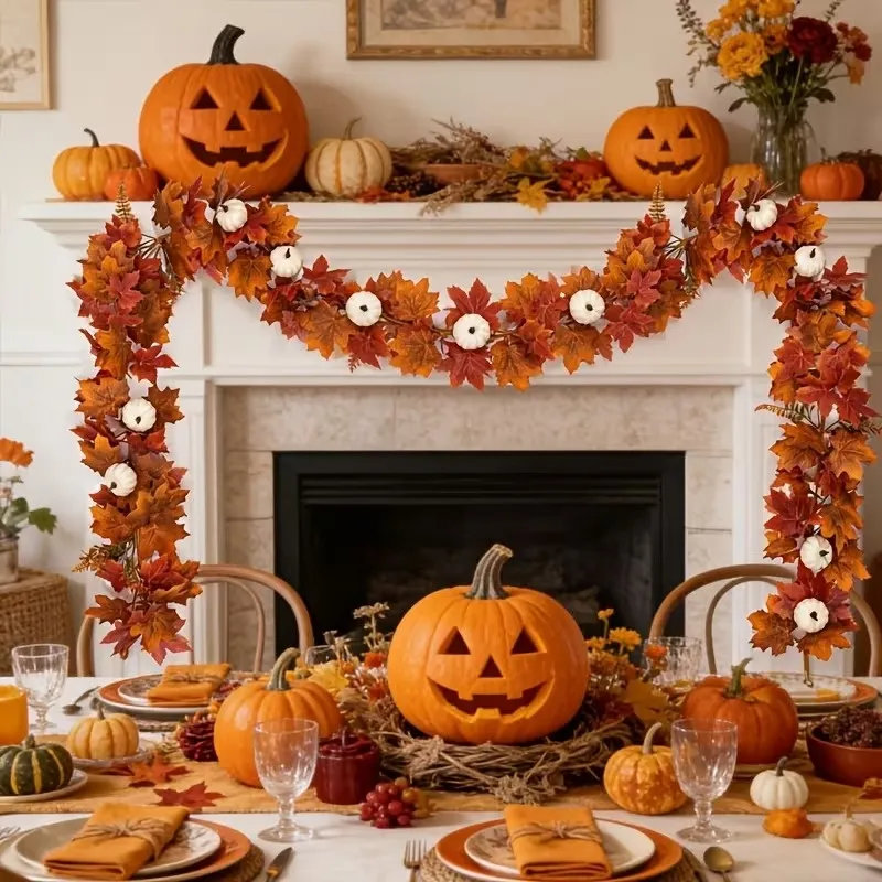 6.6 FT Artificial Fall Maple Leaf Garland with White Pumpkins