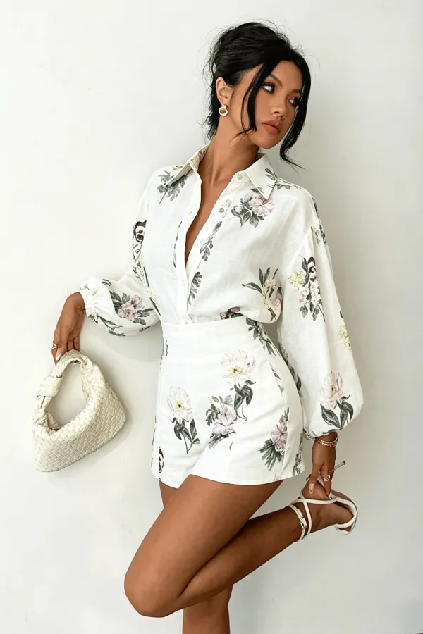 Women’s Embroidered Linen Two-Piece Set – Puff Sleeve Shirt & Shorts Outfit