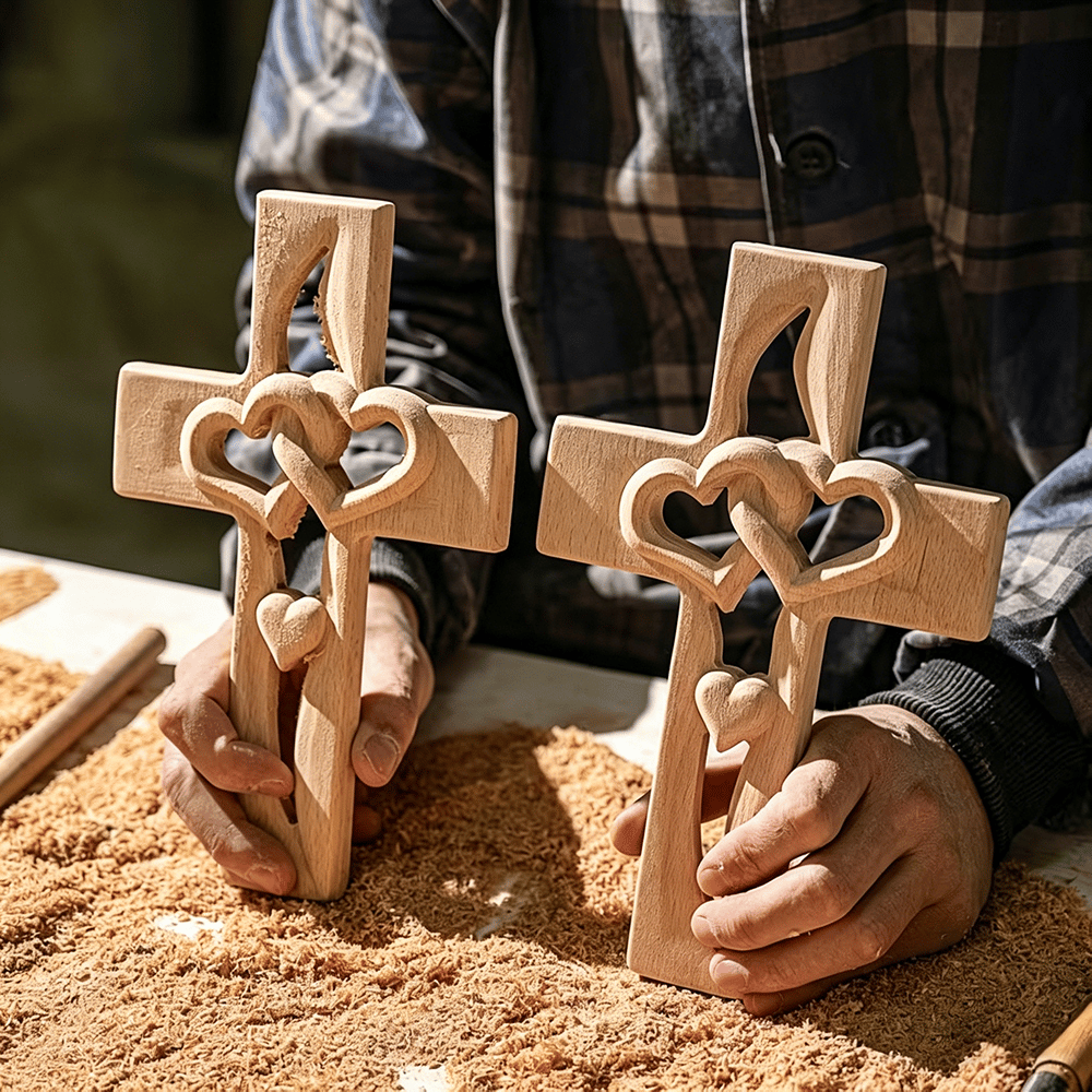 Handmade Wooden Double-Heart Cross Wall Decor