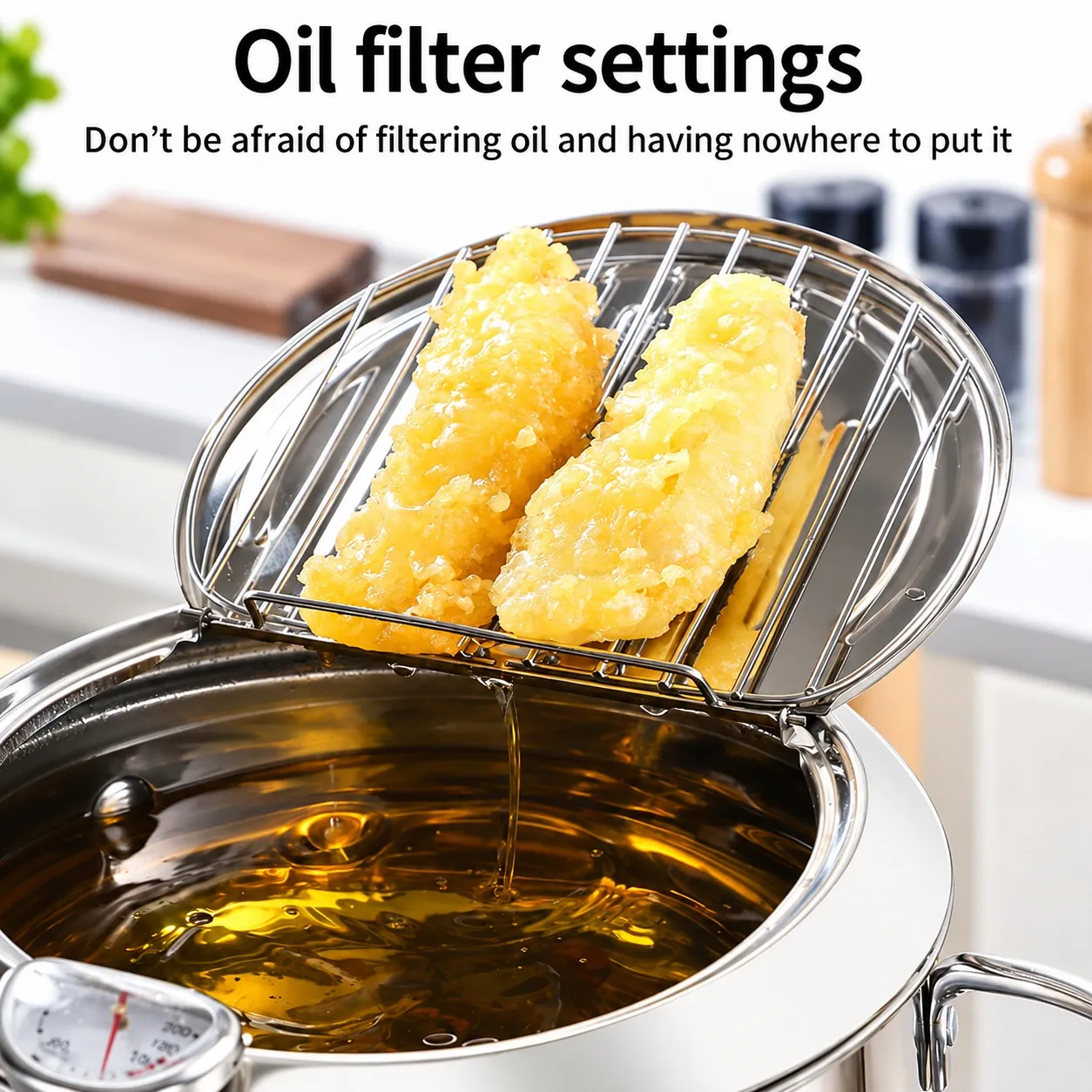 Japanese-Style Stainless Steel Deep Fryer Pot with Thermometer & Drain Rack