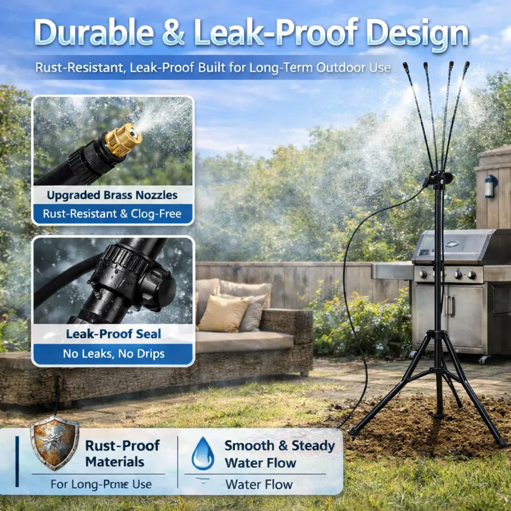 🌡 Portable Misting System: Drop your patio temperature by 20°F instantly without using a single watt of electricity. 🌬️