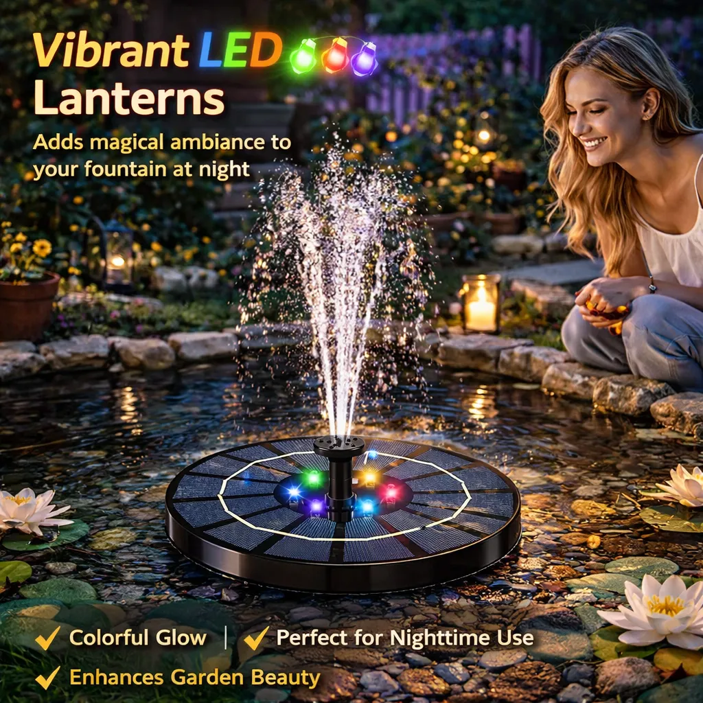 Floating Solar Fountain: Add elegant movement and colorful night lights to your patio using only the sun. 🌟