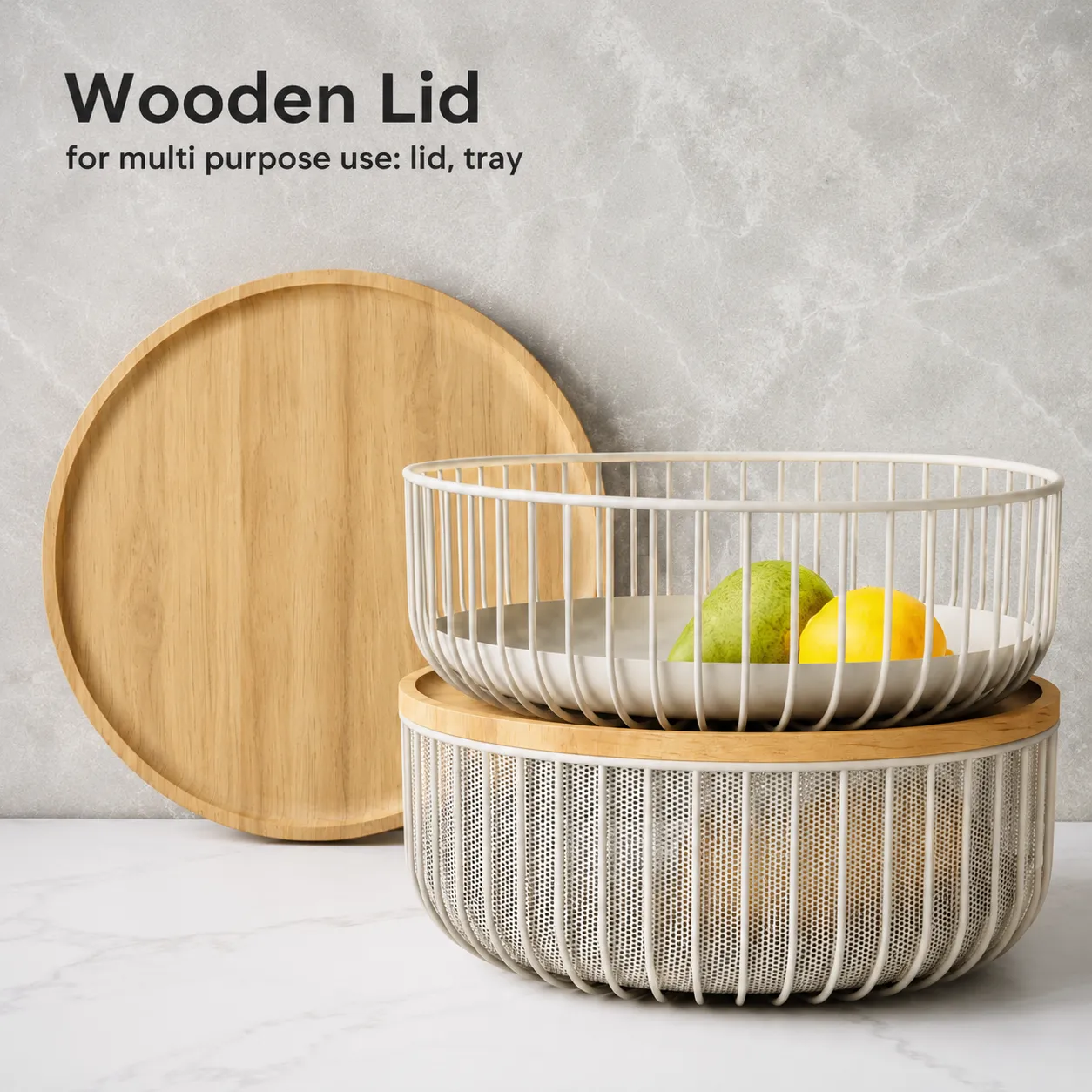 3-Piece Stackable Metal Fruit Basket Set with Wooden Lids