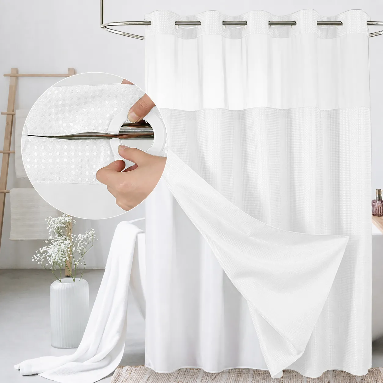 SpaView Hookless Waffle Shower Curtain with Snap-In Liner