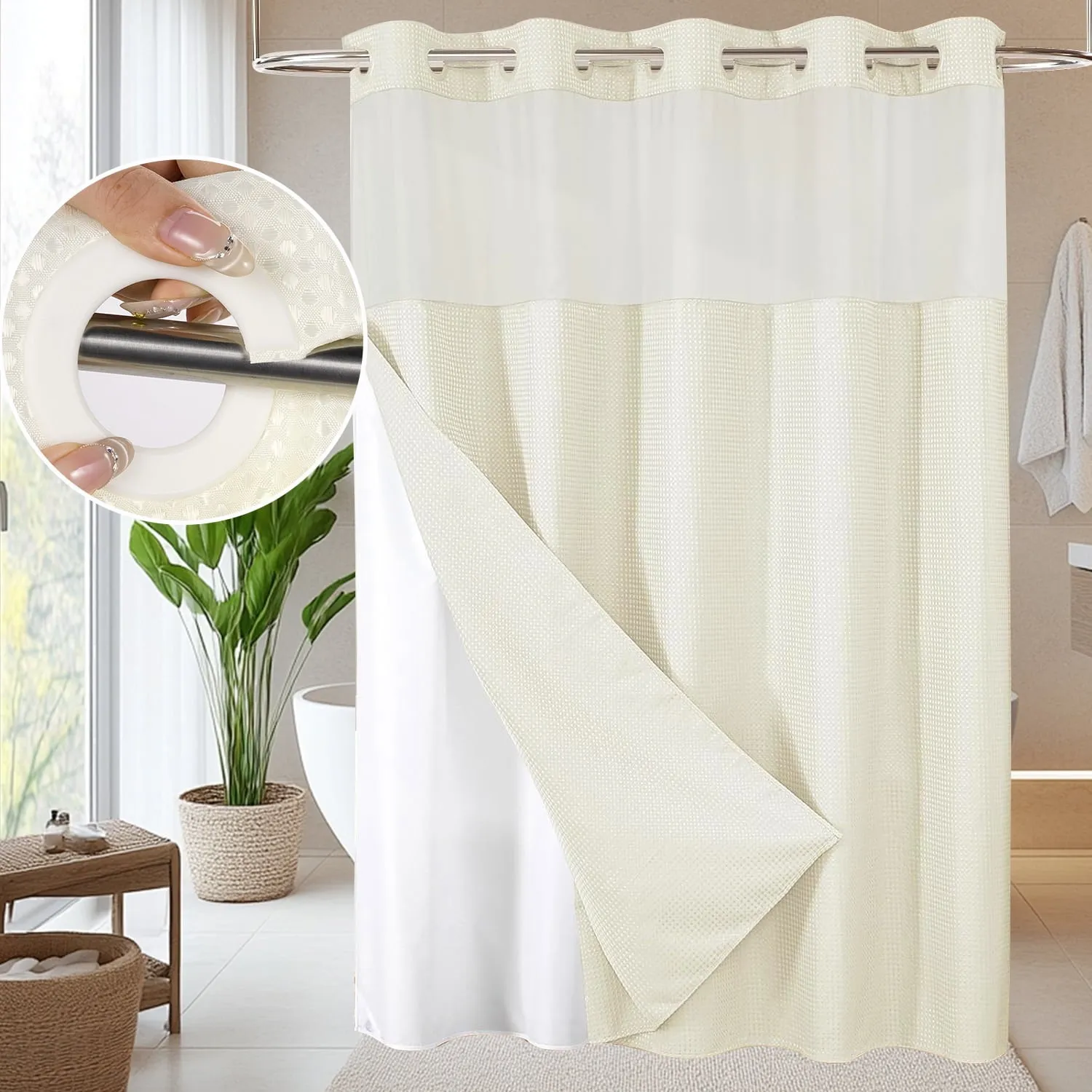 SpaView Hookless Waffle Shower Curtain with Snap-In Liner
