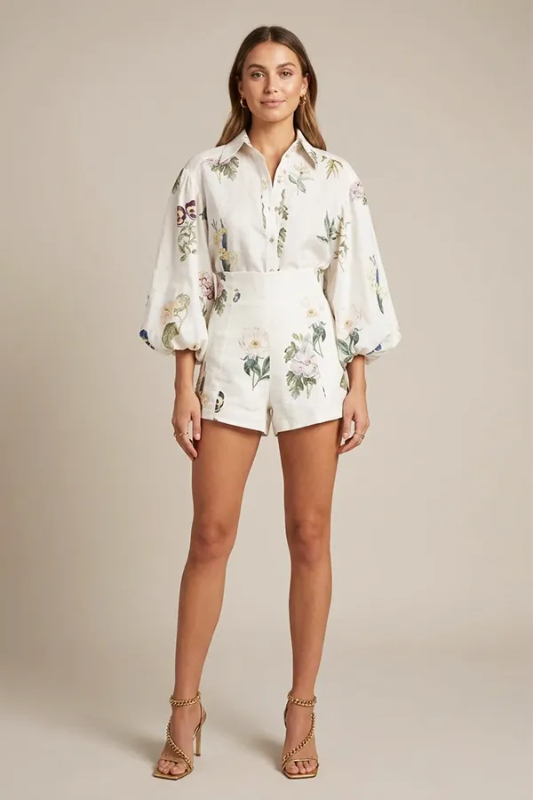 Women’s Embroidered Linen Two-Piece Set – Puff Sleeve Shirt & Shorts Outfit