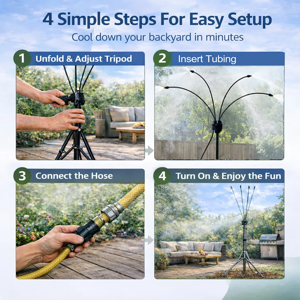 🌡 Portable Misting System: Drop your patio temperature by 20°F instantly without using a single watt of electricity. 🌬️