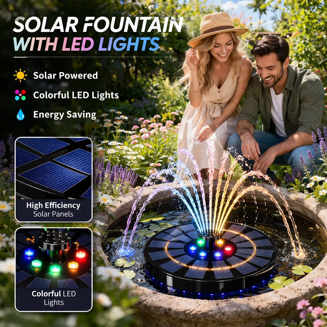 Floating Solar Fountain: Add elegant movement and colorful night lights to your patio using only the sun. 🌟