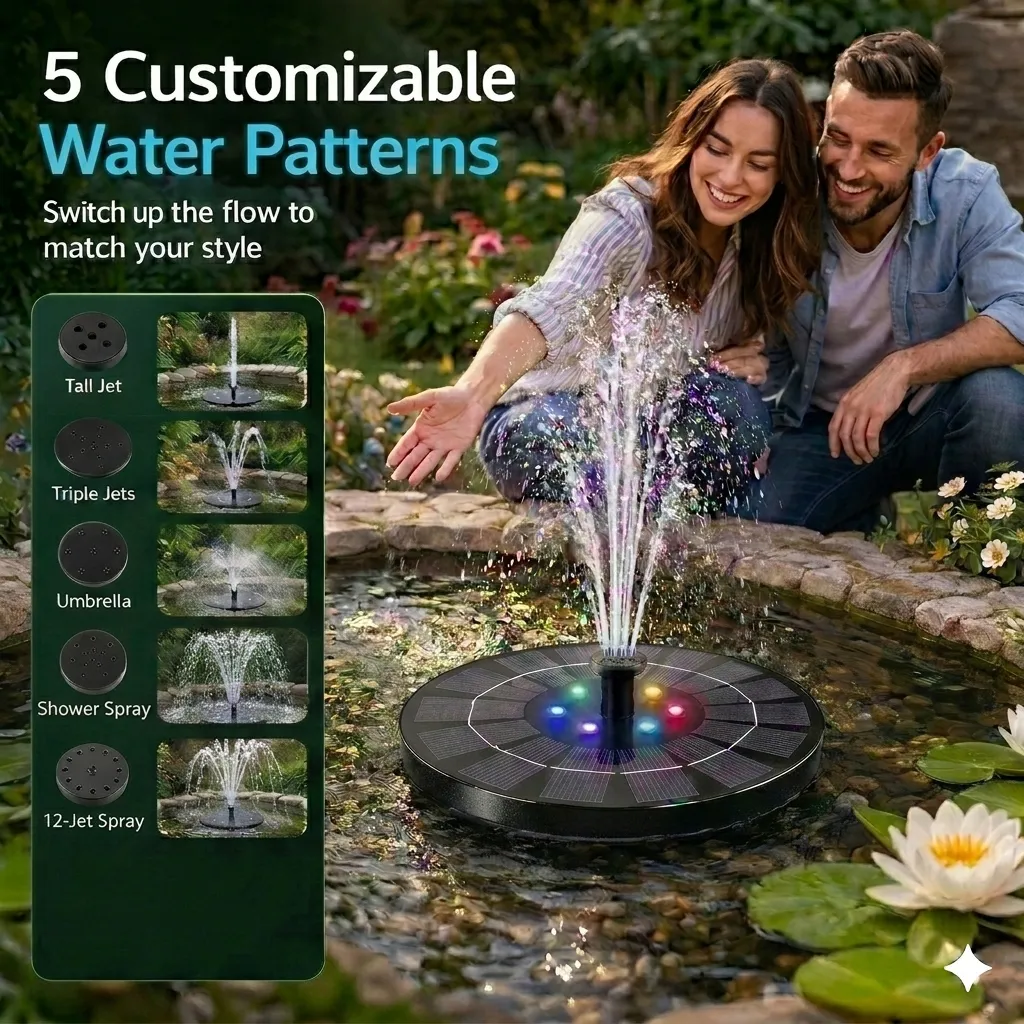 Floating Solar Fountain: Add elegant movement and colorful night lights to your patio using only the sun. 🌟