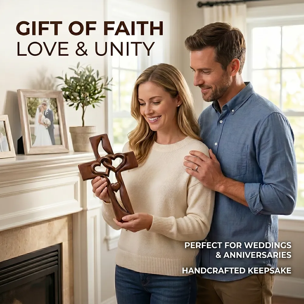 ✝️ Handmade Wooden Double-Heart Cross Wall Decor