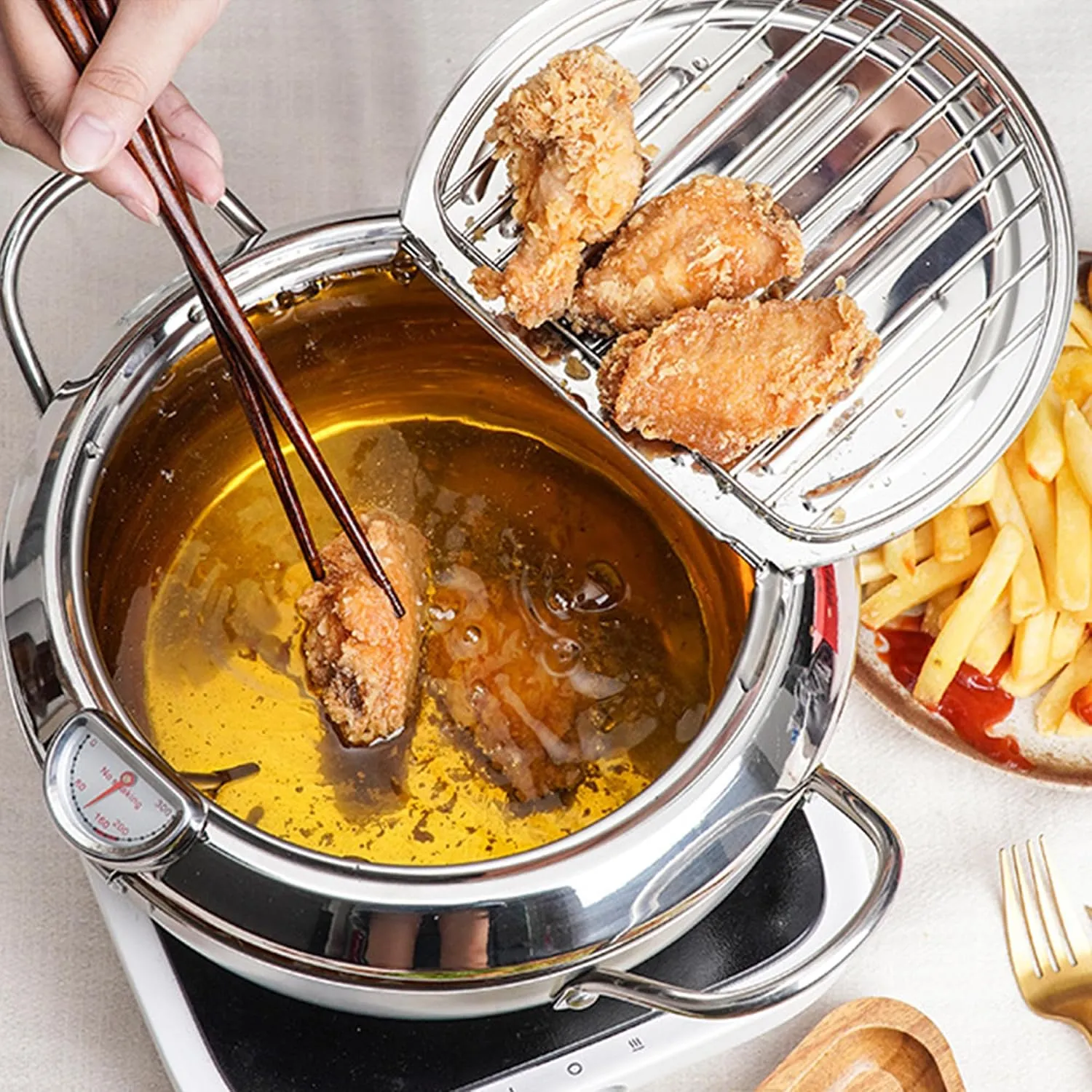 Japanese-Style Stainless Steel Deep Fryer Pot with Thermometer & Drain Rack