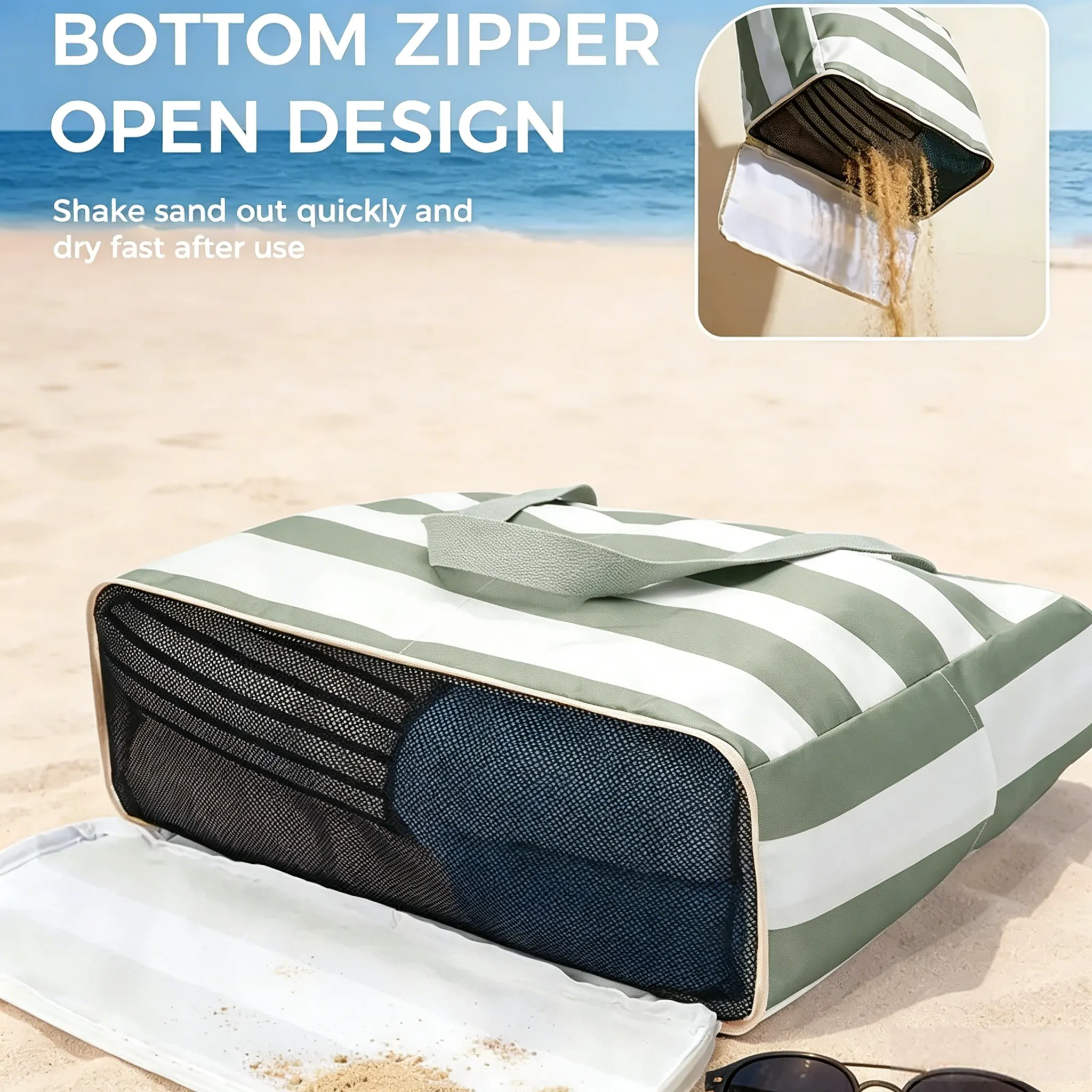 🏖️Beach Bag—Large, waterproof, sand-proof zippered tote with a water bottle pocket