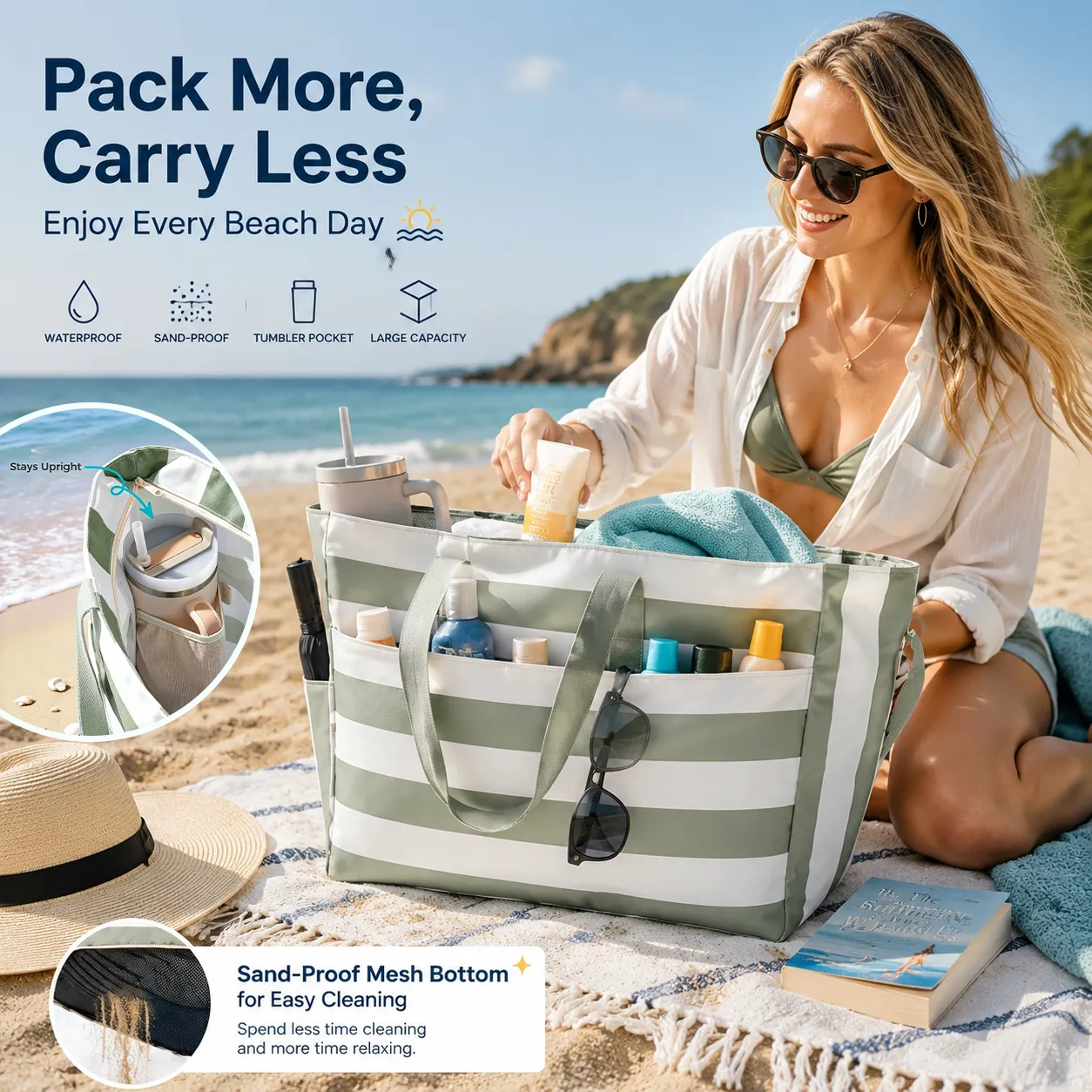 🏖️Beach Bag—Large, waterproof, sand-proof zippered tote with a water bottle pocket