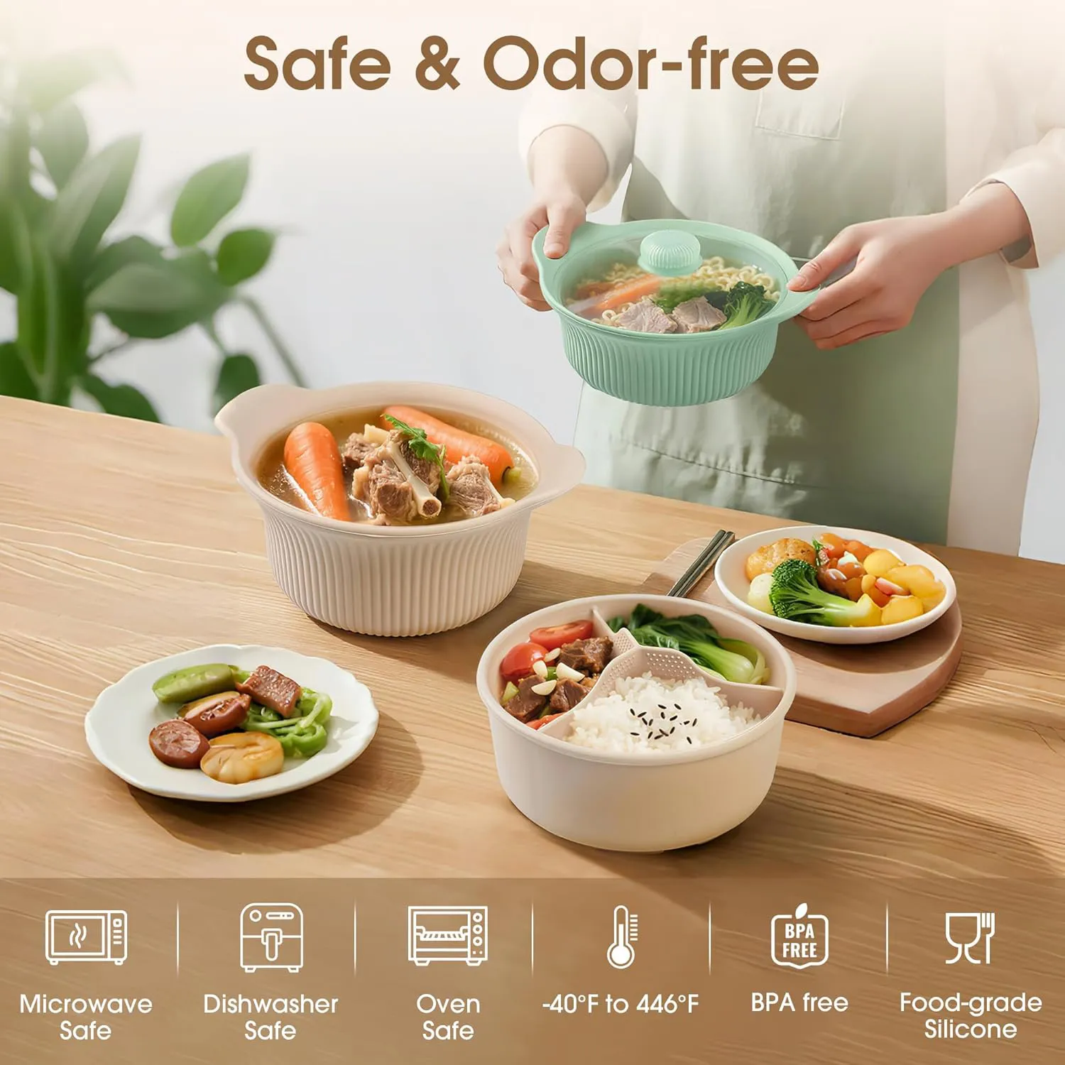 🍲Silicone Steamer Pot: Cook healthy, nutrient-rich meals in minutes using your microwave or oven.