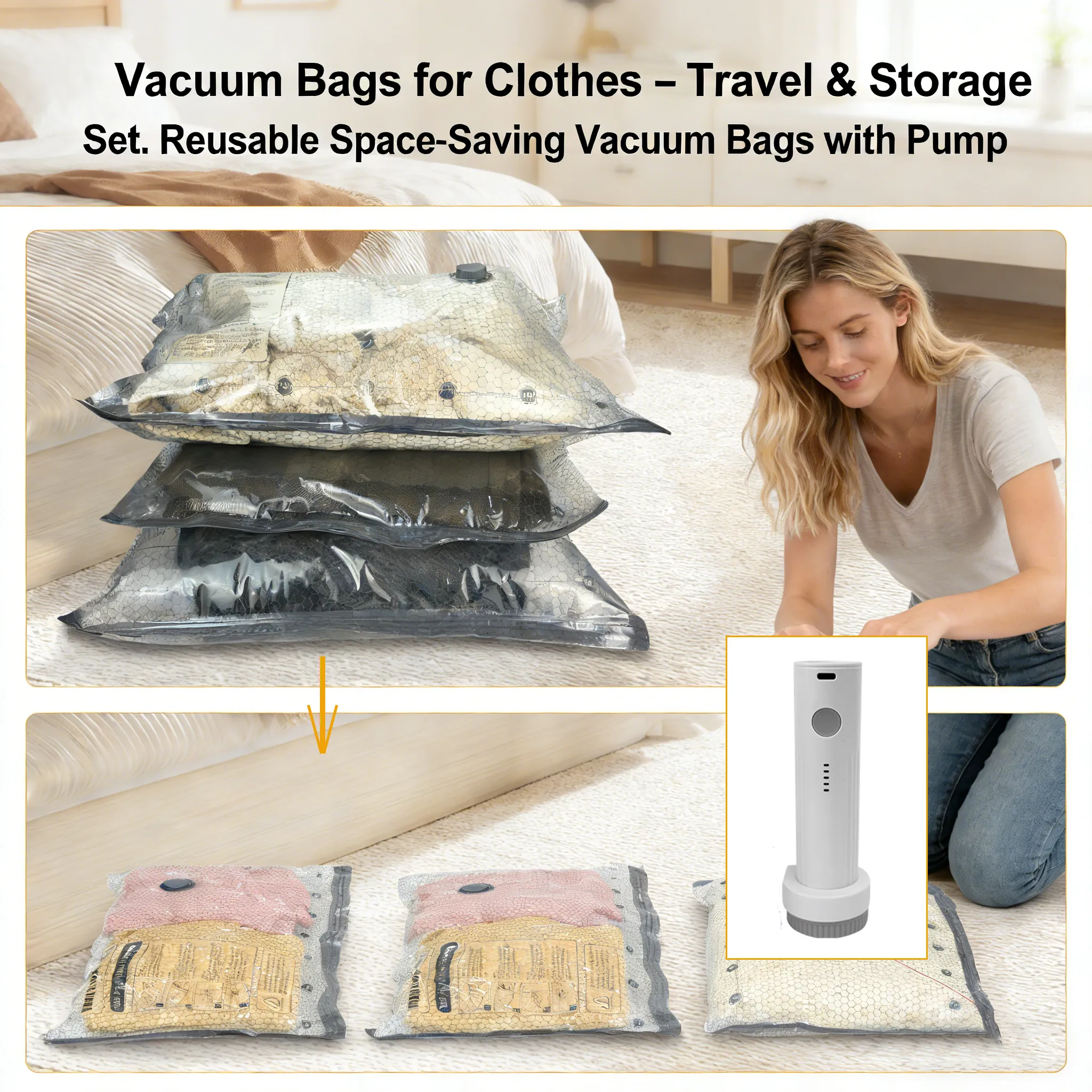 Vacuum Storage Bags: Pack two weeks of clothing into one carry-on by removing bulky air in seconds. 🧳