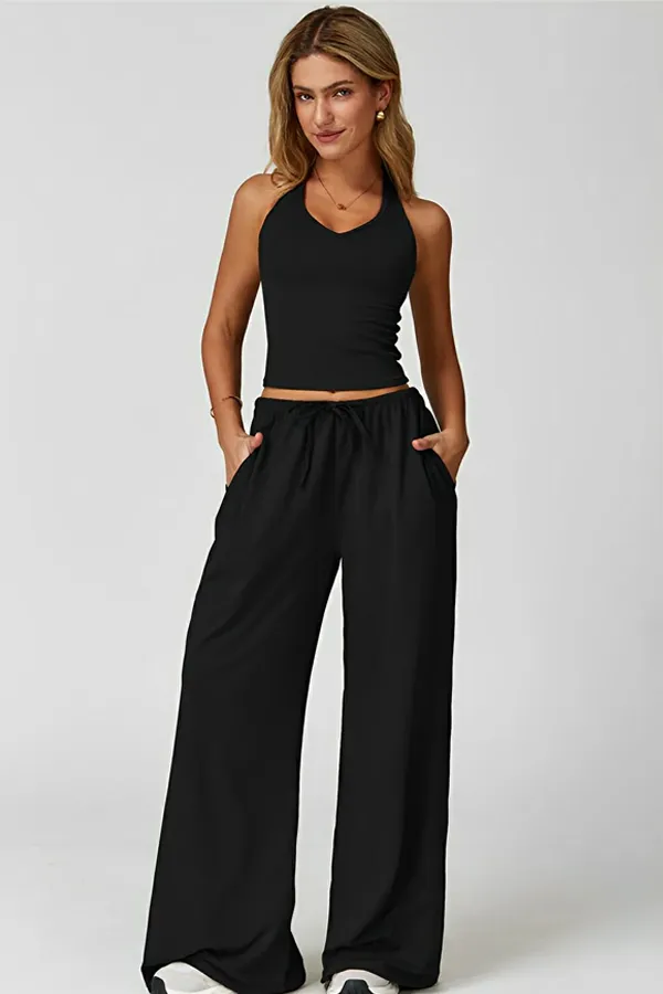 Women's Lightweight "Cloud-Feel" Casual Set — Backless Cropped Top & Wide-Leg Pants