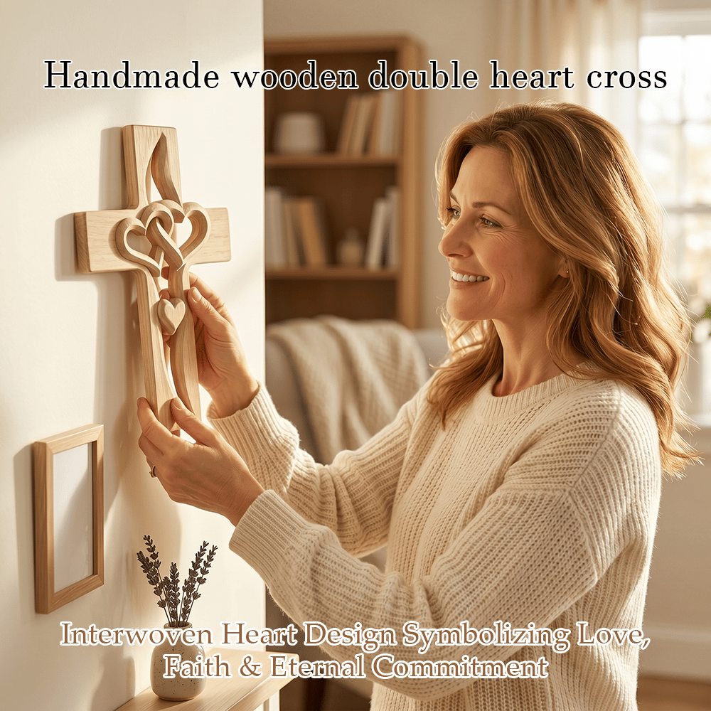 Handmade Wooden Double-Heart Cross Wall Decor