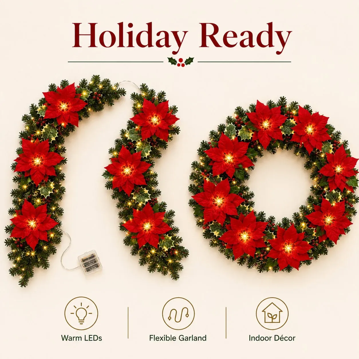 🎄✨ Christmas Poinsettia LED Garland String Lights
