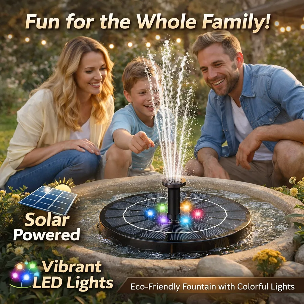 Floating Solar Fountain: Add elegant movement and colorful night lights to your patio using only the sun. 🌟