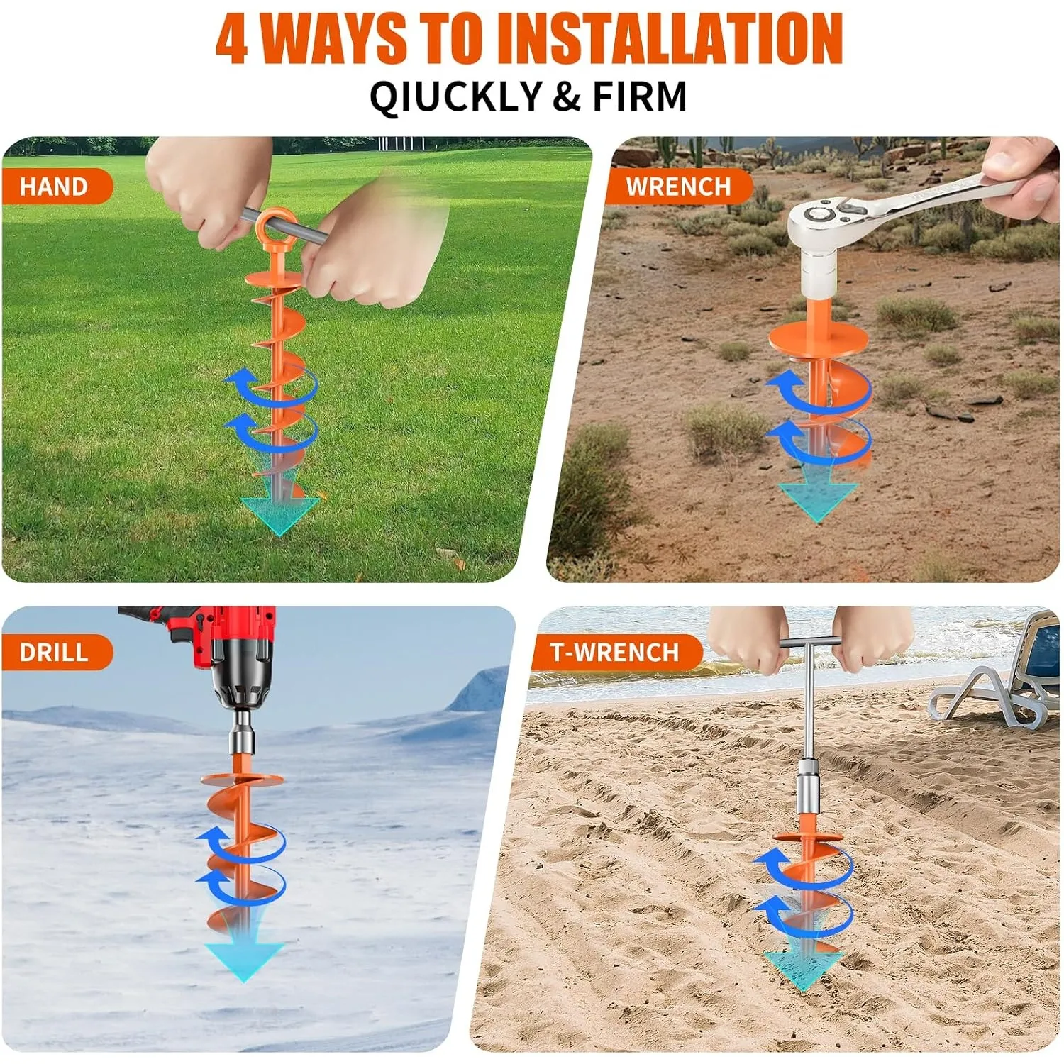 Heavy-Duty Full-Spiral Ground Anchor Screws — 4-Piece Set