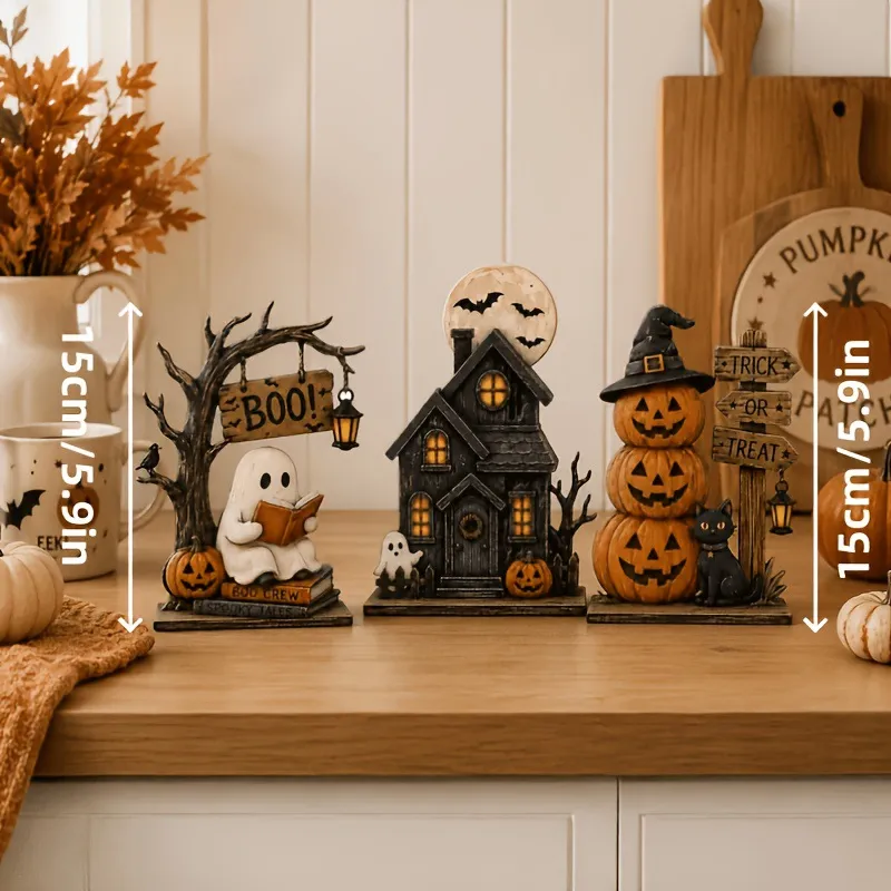 Lighted Halloween Haunted House Tabletop Figurines – 3-Piece Set