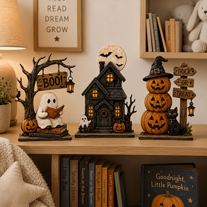 Lighted Halloween Haunted House Tabletop Figurines – 3-Piece Set